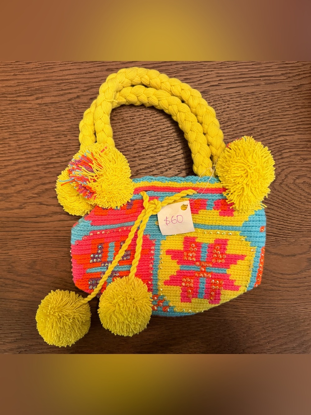 Colombian Handcrafted Yellow Multicolor Pom-Pom Tote Bag